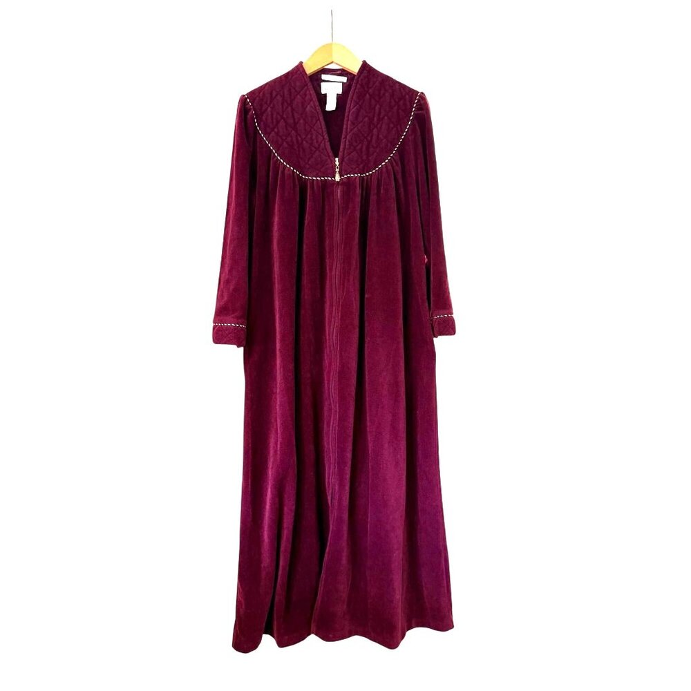 Vanity Fair VTG Quilted Robe M Womens Burgundy Velour Zip Up Gold Trim Maroon